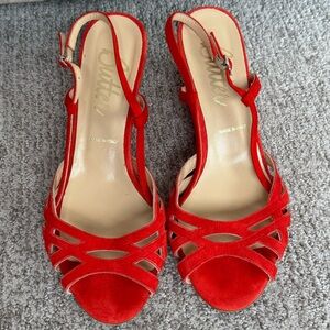 Red suede sandals, size 7.5